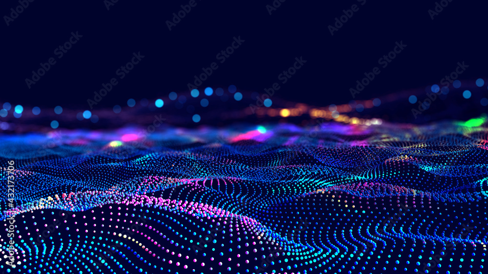 Poster Cyber big data flow. Blockchain data fields. Network line connect stream. Concept of AI technology, digital communication, science research, 3D illustration music waves