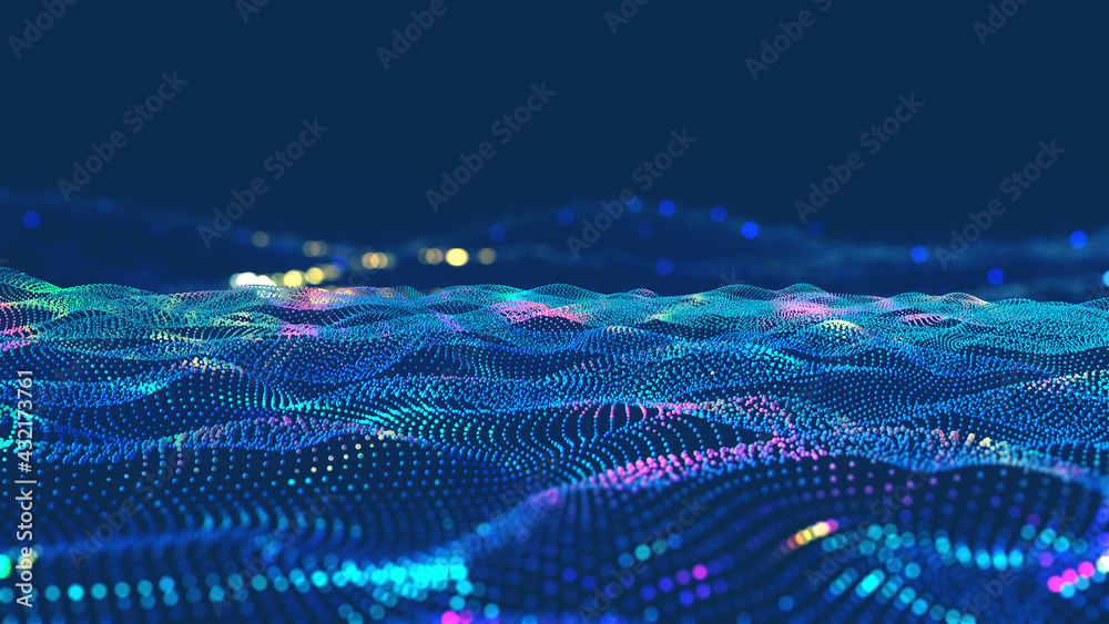 Poster Cyber big data flow. Blockchain data fields. Network line connect stream. Concept of AI technology, digital communication, science research, 3D illustration music waves
