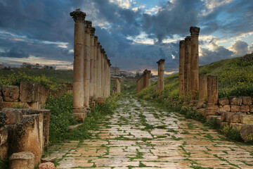 The colonnade of the decumanus maximus in the ancient Roman city of Jerash