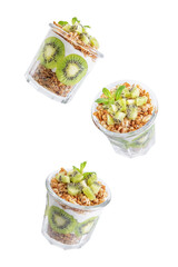 Kiwi Greek yogurt granola parfait in a glass on a white isolated background