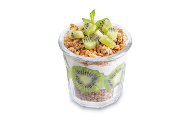 Kiwi Greek yogurt granola parfait in a glass on a white isolated background