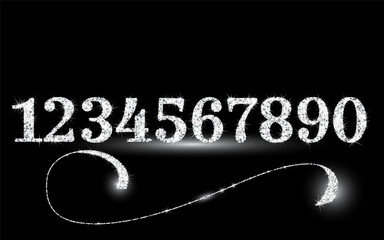 Realistic shining silver glitter numbers 1, 2, 3, 4, 5, 6, 7, 8, 9, 0. Set of isolated vector objects one, two, three, four, five, six, seven, eight, nine, zero for decoration, celebration design.