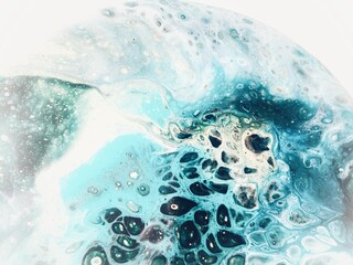 Liquid acrylic painting, babbles, wave, foam, sea, water, underwater. Blue, turquoise and white paint, wallpaper, poster, background, backdrop