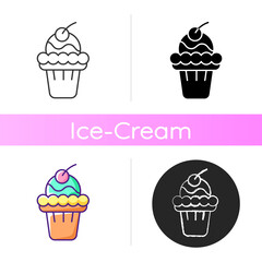 Soft serve icon. Soft ice in waffle bowl. Sweet creamy dessert with cherry on top. Smooth semisolid ice cream. Single-sized portion. Linear black and RGB color styles. Isolated vector illustrations
