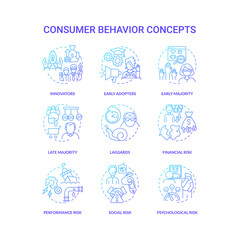 Fototapeta na wymiar Consumer behavior concept icons set. Product adoption idea thin line RGB color illustrations. Purchasing intentions. Majority. Laggards. Social, psychological risk. Vector isolated outline drawings