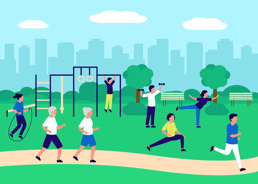 People gathering in city urban park and going sport in nature together, active exercise. Urban landscape, recreation area with men and women performing leisure activities outdoors. Vector illustration