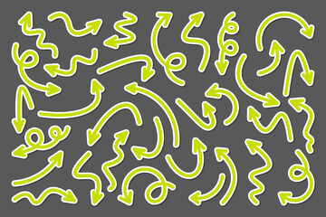 Colorful hand drawn arrow stickers set. Green pointers collection. Simple arrows in different shapes. Direction signs. Vector illustration.