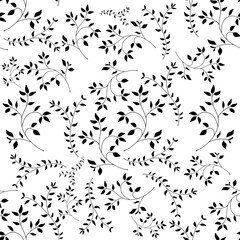 Black and white pattern of twigs of leafy greenery.