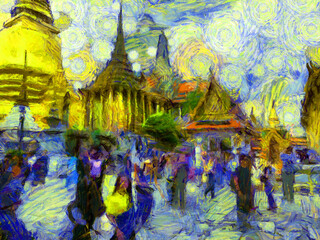 The grand palace, wat phra kaew bangkok thailand Illustrations creates an impressionist style of painting.