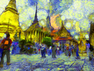 Fototapeta premium The grand palace, wat phra kaew bangkok thailand Illustrations creates an impressionist style of painting.
