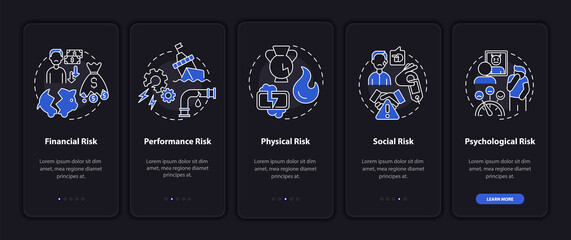 Purchase risk aspects onboarding mobile app page screen with concepts. Finance, performance walkthrough 5 steps graphic instructions. UI, UX, GUI vector template with linear night mode illustrations