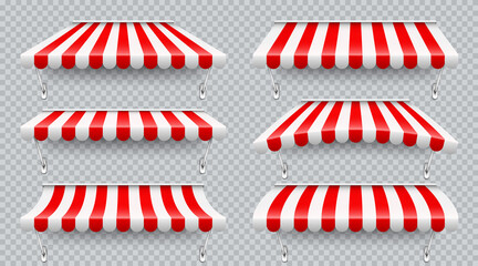 Shop sunshade with metal mount. Realistic red striped cafe awning. Outdoor market tent. Roof canopy. Summer street store. Vector illustration.