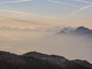 The sunrise in Carinthia in the south of Austria is magical. You can see the boardering mountains to Slovenia and Italy..