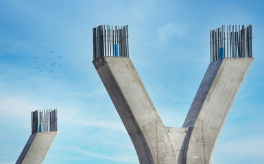 Fragment view of Highway overpass bridge structure, pillar concrete, work platform, scaffolding,...
