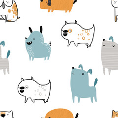 Vector hand-drawn color seamless repeating childish simple pattern with cute dogs in Scandinavian style on a white background. Trendy scandinavian vector background. Dogs print. Cute animals. Pets.