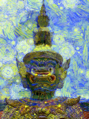 Obraz premium Ancient statues, ancient building decorations, giant beast figures, ancient thai architecture Illustrations creates an impressionist style of painting.