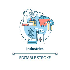 Industries concept icon. Outdoor air pollutant idea thin line illustration. Industrial pollution. Fossil fuels combustion. Power plants. Vector isolated outline RGB color drawing. Editable stroke