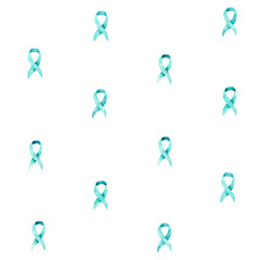 Teal ribbon symbol. Awareness for ovarian cancer, rape, food allergies, Tourette Syndrome, Sexual assault, sexual abuse. Watercolor hand drawn ribbon isolated on white close-up. Seamless pattern.