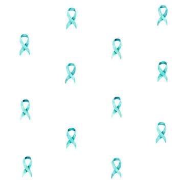 Teal ribbon symbol. Awareness for ovarian cancer, rape, food allergies, Tourette Syndrome, Sexual assault, sexual abuse. Watercolor hand drawn ribbon isolated on white close-up. Seamless pattern.
