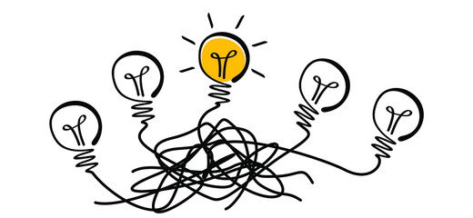 chaos line pattern. Comic brain electric lamp idea doodle. FAQ, business loading, order concept. Fun vector light bulb icon or sign ideas. Brilliant lightbulb education or invention pictogram banner.