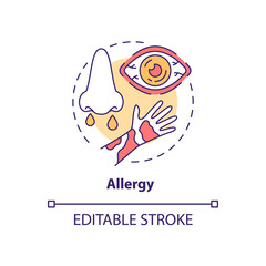 Allergy concept icon. Air pollution disease idea thin line illustration. Allergic rhinitis. Asthma. Exposure to pollutant through inhalation. Vector isolated outline RGB color drawing. Editable stroke
