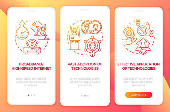 Digital inclusion preconditions red onboarding mobile app page screen with concepts. Access walkthrough 3 steps graphic instructions. UI, UX, GUI vector template with linear color illustrations