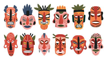Tribal african wooden totem mask vector illustration set. Cartoon tiki mask, aborigine face wooden ethnic art sculpture, ritual tribe symbols, ethno indigenous folk culture of Africa isolated on white
