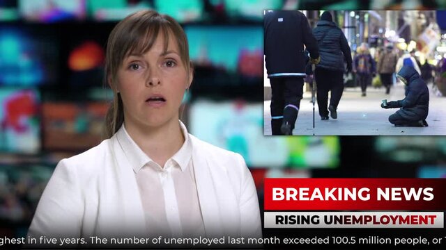 TV news female anchor presenter talking breaking news about rising unemployment