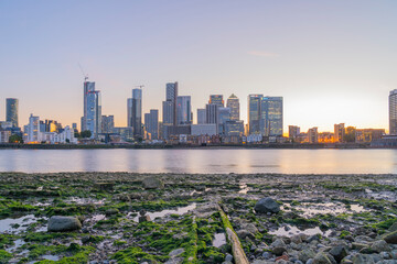 July 2020. London. View of Canary Wharf and the River Thames, London, England