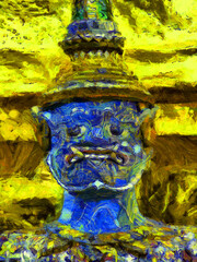 Ancient statues, ancient building decorations, giant beast figures, ancient thai architecture Illustrations creates an impressionist style of painting.