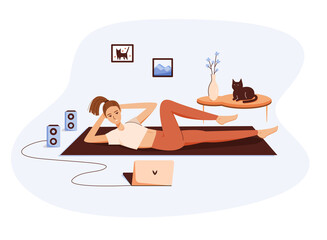 Workout concept. Young girl doing sports exercises in home with a notebook