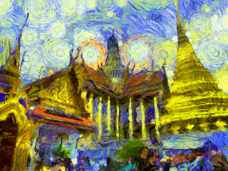 The grand palace, wat phra kaew bangkok thailand Illustrations creates an impressionist style of painting.