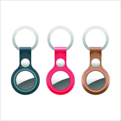 Set of Apple Airtag's, illustration of a blue, red and brown leather  key ring, airtag