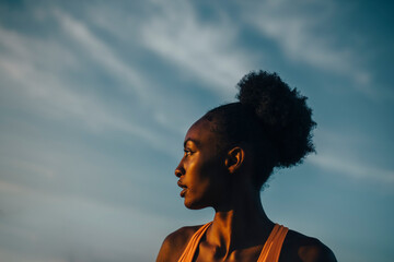 Young sportswoman looking away against sky during sunset