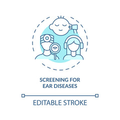 Screening for ear diseases concept icon. Hearing loss prevention idea thin line illustration. Testing eardrum movements wellness. Vector isolated outline RGB color drawing. Editable stroke