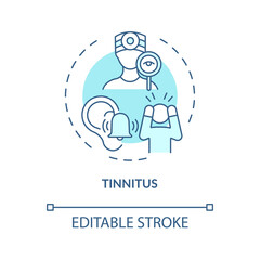 Tinnitus concept icon. Top ear condition idea thin line illustration. Ringing, buzzing in ear. Clicking, hissing sound in eardrums. Vector isolated outline RGB color drawing. Editable stroke