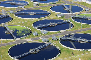 An aerial view taken from a helicopter of the a sewage treatment works in East London. The huge...