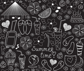 Summer vector seamless pattern with hand drawn travel equipment, food, drinks, flowers and the words 