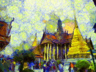 The grand palace, wat phra kaew bangkok thailand Illustrations creates an impressionist style of painting.