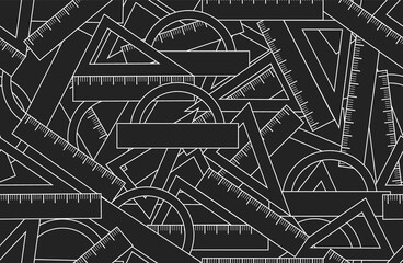 Graphic vector seamless pattern with hand drawn school kit accessories: triangles, angle protractors and rulers
