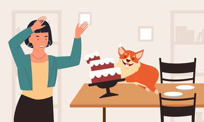 Naughty dog pet behavior problem vector illustration. Cartoon overwhelmed pet owner young woman character in shock, funny puppy pet, domestic doggie animal running on table to drop cake background