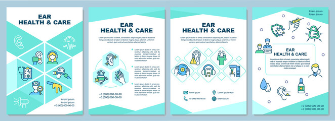 Ear health and care brochure template. Gently cleaning ears. Flyer, booklet, leaflet print, cover design with linear icons. Vector layouts for presentation, annual reports, advertisement pages