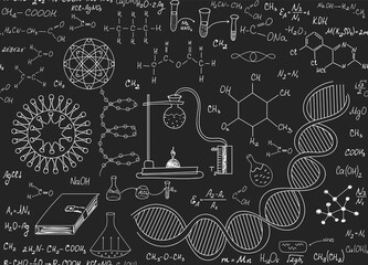 Scientific vector seamless background with handwritten chemical formulas, equations and elements, dna strands, lab equipment