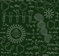 Beautiful chemistry vector seamless pattern with plots, formulas and laboratory equipment handwritten with chalk on green blackboard