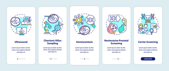 Genetic diseases testing onboarding mobile app page screen with concepts. Diagnostics walkthrough 5 steps graphic instructions. UI, UX, GUI vector template with linear color illustrations