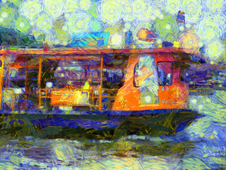 River Passenger Boat Illustrations creates an impressionist style of painting.