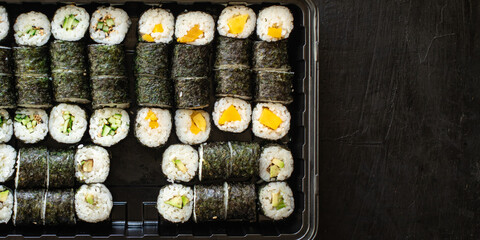 sushi rolls vegan maki no fish no seafood vegetarian cuisine veggi meal snack copy space food background rustic. top view