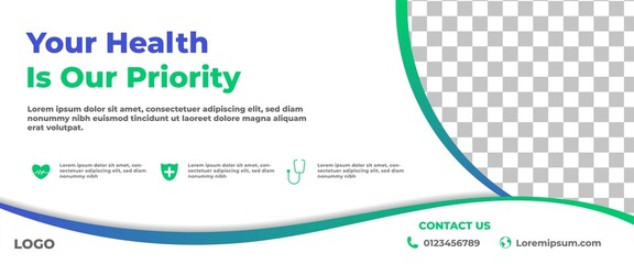 Medical banner template design with gradient green and blue color shape.