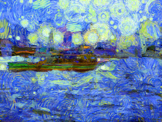 Fototapeta na wymiar River Passenger Boat Illustrations creates an impressionist style of painting.