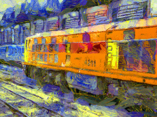 Diesel locomotives and trains at the garage Illustrations creates an impressionist style of painting.